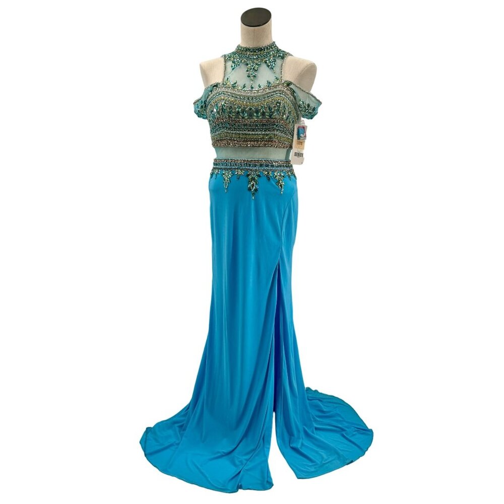NWT Blue Beaded Off the Shoulder Sheer Midriff Crop Top Mermaid Skirt Formal